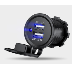 Гніздо під 2 USB DC 12-24V/5V 2,1-1A, синій індикатор з різьбленням
